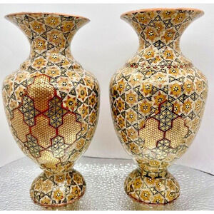 Vintage Persian Vases Mosaic Pattern inlaid over copper 6" Set of 2
